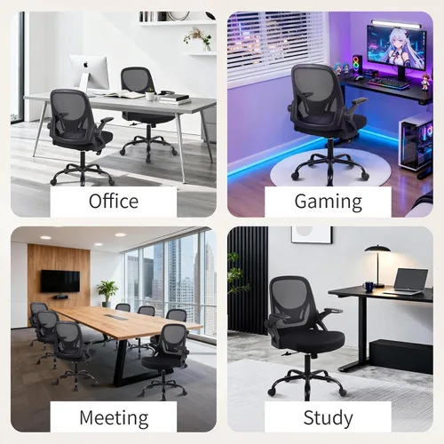 Miniatura 9 de Silla de escritorio para computadora de oficina en casa, silla de trabajo ergonómica de malla de altura ajustable con ruedas, cojín grueso, Negro