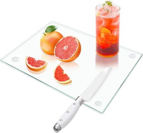Miniatura 10 de VASUHOME Tabla de cortar de vidrio templado para cocina (12 x 16 pulgadas), tabla de cortar de vidrio transparente de larga duración para encimera