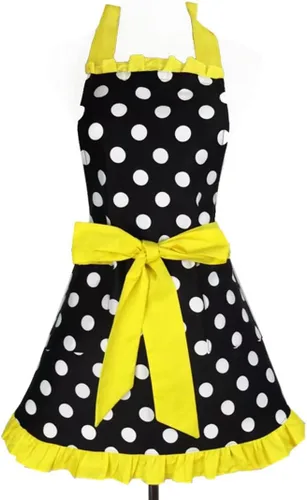 Miniatura 13 de Hyzrz Lindo delantal retro negro de lunares retro con volantes laterales vintage delantales de cocina con bolsillos para mujeres y niñas (lado azul)