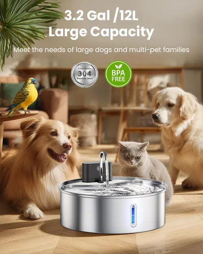 Miniatura 2 de Fuente de agua inalámbrica para perros grandes, fuente de agua de acero inoxidable de 12L/3.2 galones con sensor, bomba silenciosa, dispensador