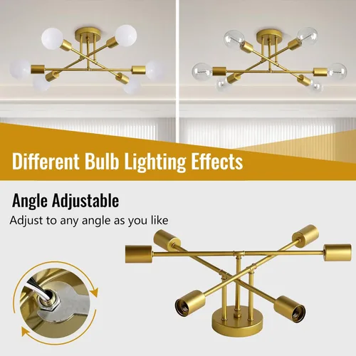 Miniatura 5 de Lámpara de techo, lámpara de techo de 6 luces, moderna lámpara de comedor, accesorios de iluminación dorados Sputnik para montaje en techo, lámparas