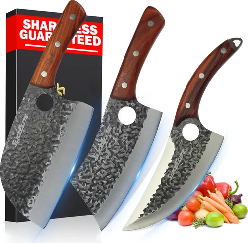 SliceElite Cuchillo de carnicero profesional forjado a mano (juego de cuchillos de carnicero de 3 piezas con asas de madera de arena)