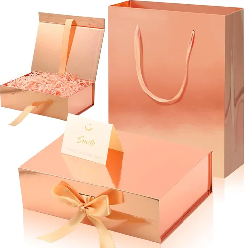 Miniatura 11 de Zonon - Caja de regalo de lujo color negro y rosa con tapa y cinta, bolsa de regalo de 9 x 7 x 3 pulgadas, con tarjeta de felicitación, papel