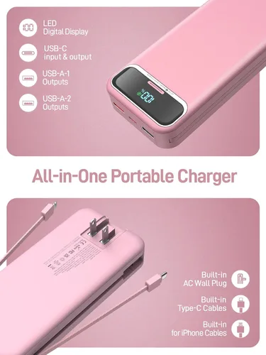Miniatura 3 de Cargador portátil, 20000 mAh 22.5 W, cargador de batería de carga rápida con cables integrados y enchufe de pared, batería externa esencial de viaje