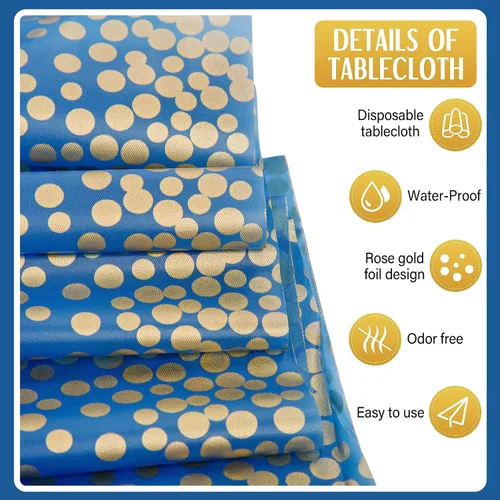 Miniatura 3 de WDF Paquete de 16 manteles de plástico azul real y dorado con caminos de mesa, manteles rectangulares de 54 x 108 pulgadas, caminos de satén de 12 x