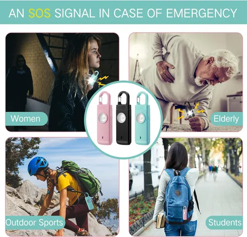 Miniatura 6 de Tellegloww 6 unidades de alarma personal recargables de seguridad para mujeres, 130 db, protección de alarma personal, sirena fuerte con llavero LED