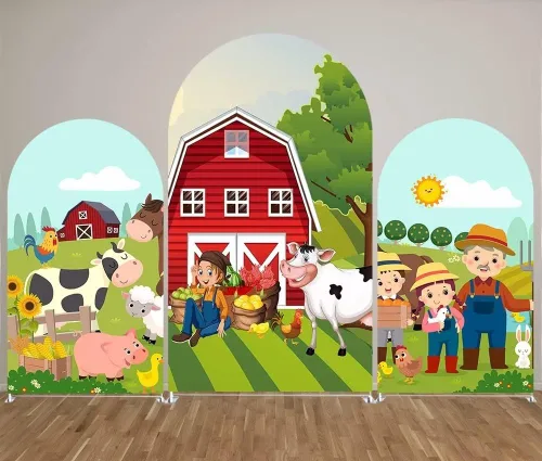 Miniatura 3 de HUAYI Cubierta de fondo de arco de granjero rojo de dibujos animados para fiestas de granja para niños, decoraciones de fondo de Chiara, cubiertas