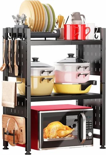 Miniatura 12 de Kitstorack Estante ajustable para horno de microondas, estante para microondas resistente de 2 niveles con tablas de cortar, soporte para estantes