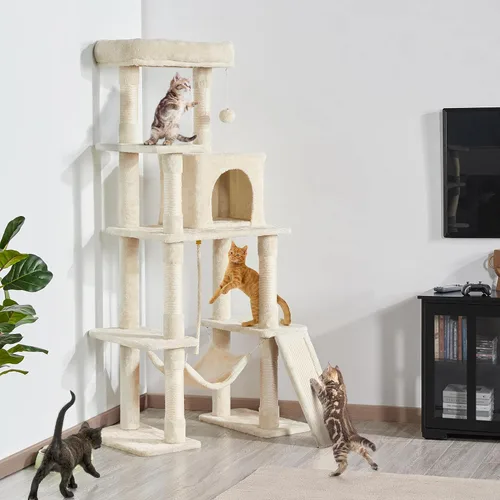 Miniatura 2 de Yaheetech Árbol resistente de 54 pulgadas para gatos grandes, condominio de gatitos de varios niveles con postes rascadores, hamaca y percha