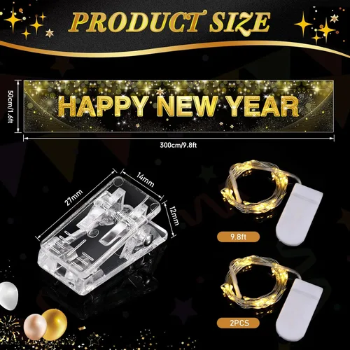 Miniatura 2 de Letrero grande de feliz año nuevo con luces LED para decoraciones de Navidad, cartel negro y dorado de 118 x 19.6 pulgadas con clips transparentes