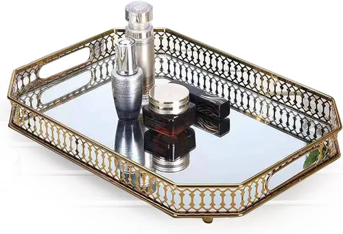 Bandeja de tocador vintage dorada con espejo, organizador decorativo de perfumes y maquillaje con asas para tocador, baño o exhibición de joyas,