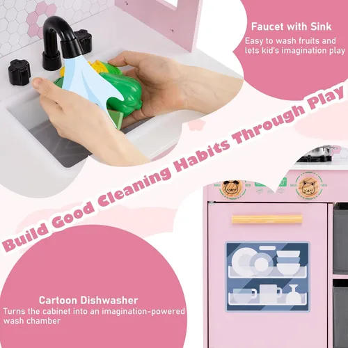 Miniatura 3 de Costzon Cocina de Juguete para Niños, Juguete de Cocina Montessori Little Chef con 2 Estufas, Perillas Giratorias, Grifo, Fregadero, Lavavajillas, 2