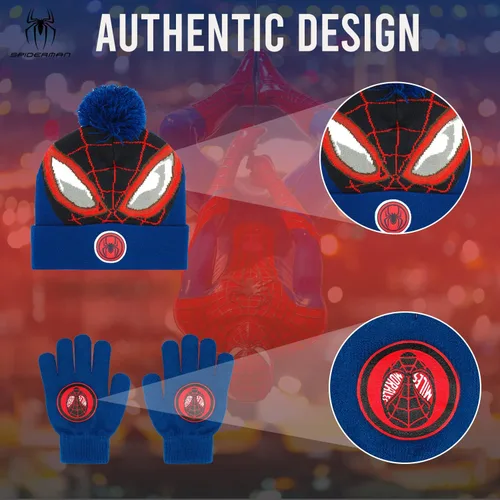 Miniatura 5 de Marvel Spider-Man - Sombrero de invierno y guantes de nieve para niños y niños juego de 2 piezas gorro con pompones con guantes cálidos