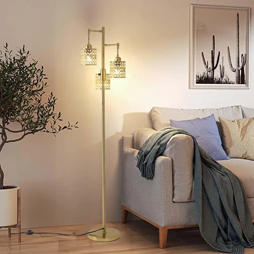 Miniatura 2 de Lámpara de pie industrial, lámpara de pie regulable, lámpara de árbol dorado, lámpara de pie con 3 elegantes pantallas de cristal para sala