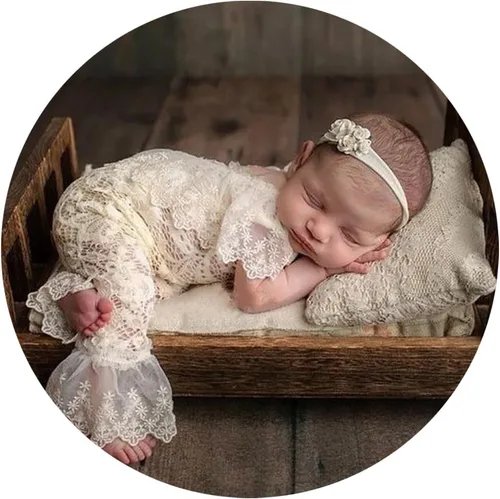 Miniatura 2 de Traje de fotografía para bebé, traje de encaje para recién nacido, sesión de fotos, diadema de flores, disfraz de princesa beige a