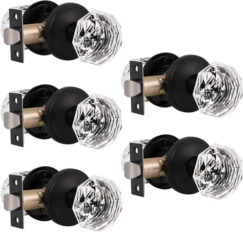 Miniatura 25 de Gobrico Pomo de puerta de cristal para dormitorio y baño con roseta clásica negro mate, diamante transparente octogonal para puerta interior, 1