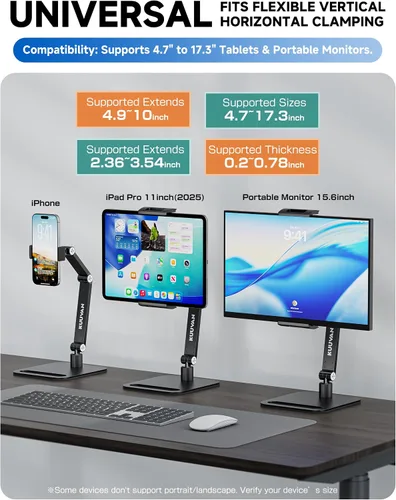Miniatura 2 de Soporte para tableta para iPad, soporte de monitor portátil para 15.6 pulgadas, 17.3 pulgadas Aluminum Alloy Foldable Arm Mount with 360° Swivel