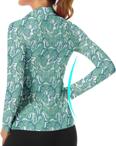 Miniatura 161 de WOWENY Camiseta deportiva de manga larga para mujer, con cremallera de un cuarto, cuello para entrenamiento, camiseta de tenis con estampado