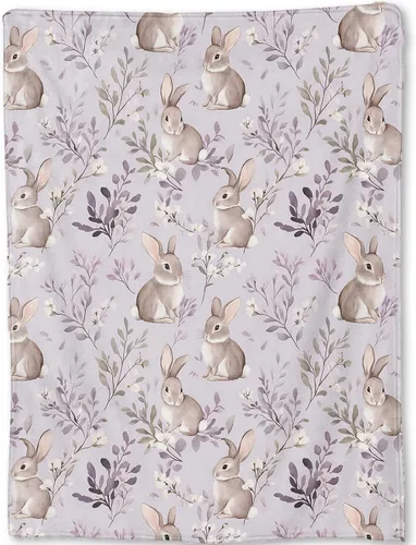 Manta Bonita de Conejo - Adorable Manta de Forro Polar de Conejo con Diseño Floral en Lavanda Pastel, Regalos para Niños y Niñas, Suave y Cálida,