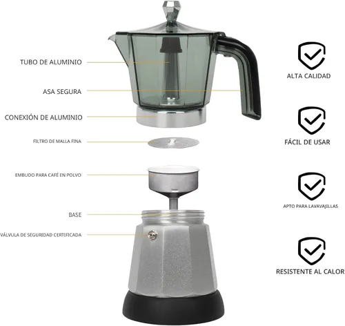 Miniatura 2 de LAOION Cafetera de Espresso Manual de 6 Tazas, Máquinas de Espresso Pequeñas para el Hogar, Cafetera Cubana con Base Desmontable y Protección contra