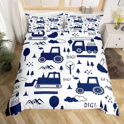 Miniatura 8 de Juego de ropa de cama de construcción, tamaño individual, para niños, camiones, juego de funda de edredón para niños, adolescentes, caricaturas