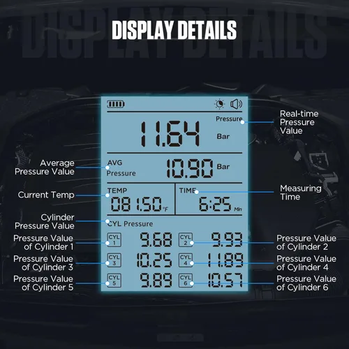 Miniatura 3 de AUTOOL Juego de medidor de compresión digital automotriz, 0-426PSI 0~29bar para kit de herramienta de prueba de compresión de cilindro de motor