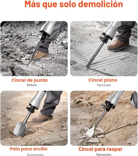 Miniatura 3 de VEVOR Martillo de demolición Jack Hammer, Martillo eléctrico MAX 2200W de alta resistencia, rompedor de hormigón de 1400 BPM, 4 piezas de cinceles