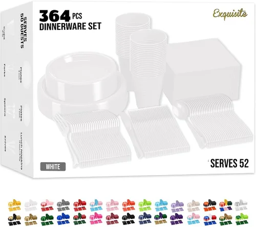 Party Solids 350 Piezas Platos de Plástico Blanco Para Fiestas, Juego de Platos Desechables Blancos, 50 de Cada Juego de Platos para Cena de 9",