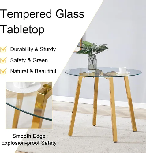 Miniatura 5 de Moderna y lujosa mesa de comedor redonda de vidrio templado con 7 patas de metal doradas en forma, adecuada para comidas familiares, conferencias