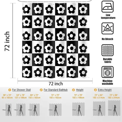 Miniatura 4 de Retro Flower Checkered Shower Curtain Black White Vintage Floral Plaid Fabric Shower Curtians 72x72Inch Washable Groovy Aesthetic Modern Hippie Boho