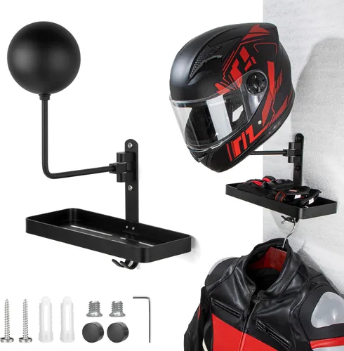 PUERSI Soporte para Casco de Pared con Estante, Soporte de Rotación de 180° para Almacenamiento de Casco para Motocicleta, Bicicleta, Ropa Deportiva