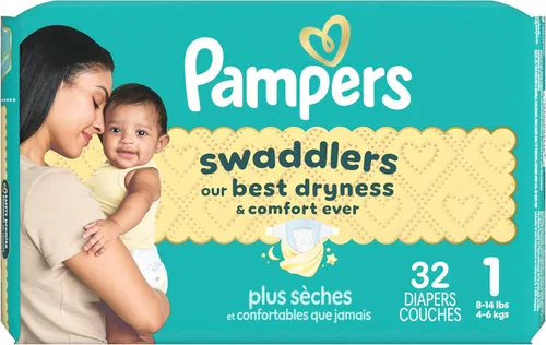 Miniatura 17 de Pampers Pañales Swaddlers, talla 1 (8-14 libras), 32 unidades, hipoalergénicos, absorbentes, mantiene al bebé seco y cómodo, desechable, seguro