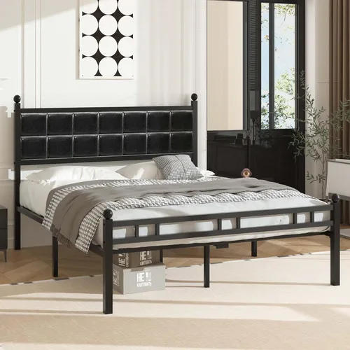 Miniatura 3 de VECELO Base de cama matrimonial, cama tapizada con cabecera de piel sintética, soporte de listones de metal fuerte, sin ruido, no necesita somier