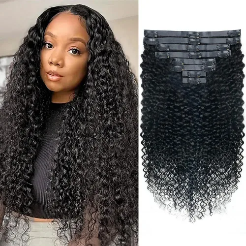 Miniatura 25 de Extensiones de cabello humano rizado con clip, 3C 4A, rizado con clip, cabeza completa, para mujeres negras, cabello humano brasileño Remy