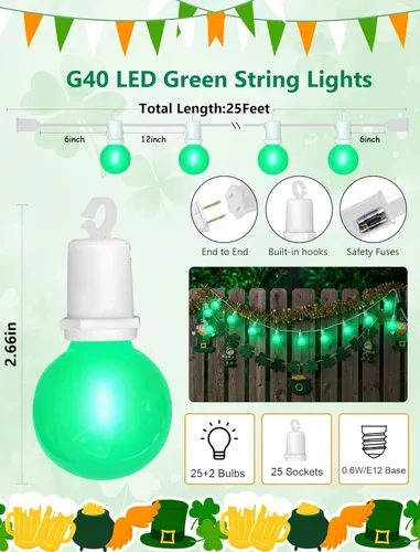Miniatura 2 de Guirnalda de luces LED G40 para el día de San Patricio para exteriores, 25 pies, luces decorativas de San Patricio al aire libre con bombillas