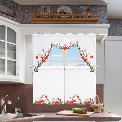 Miniatura 6 de Juego de cortinas para ventana de cocina con bolsillo de varilla bordadas para las vacaciones de Navidad (Poinsettia B)
