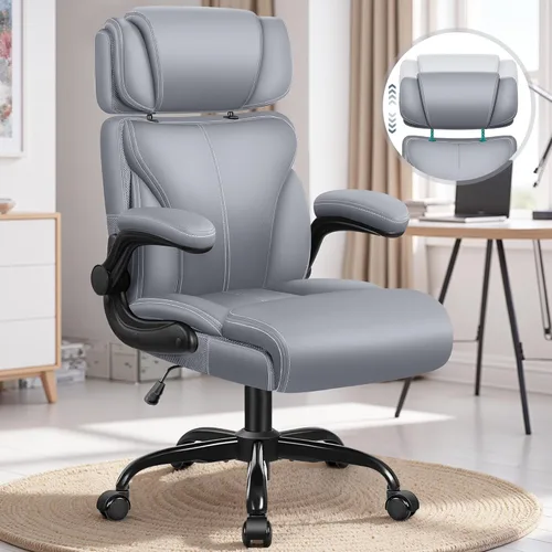 Miniatura 11 de Silla de oficina, silla ergonómica grande y alta para escritorio de computadora con reposacabezas ajustable retráctil, silla ejecutiva de cuero