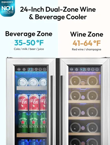 Miniatura 2 de EUHOMY Refrigerador de vino y bebidas, enfriador de vino de doble zona de 24 pulgadas con puerta de vidrio que contiene 21 botellas y 88 latas