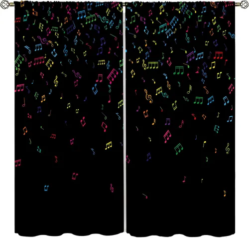 Cortinas de música abstracta, notas musicales coloridas, bolsillo para barra, cortinas térmicas para cocina, sala de estar, dormitorio, tratamiento