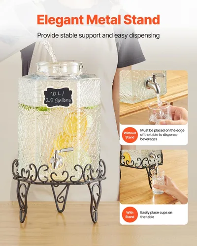 Miniatura 5 de VEVOR Dispensador de bebidas, dispensador de bebidas de 2.5 galones para fiestas, dispensador de jugo de vidrio con soporte de metal, grifo de acero