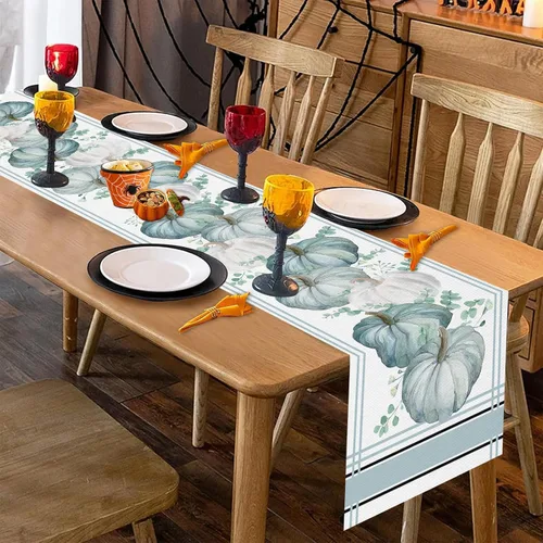Miniatura 6 de GOOESING Camino de mesa de otoño, calabazas azules y blancas, hojas de eucalipto, caminos de mesa de otoño, Acción de Gracias, cocina, comedor