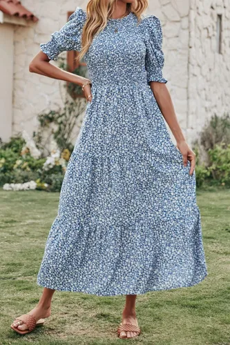 Miniatura 2 de BTFBM Vestidos para mujer, cuello redondo, casual, de verano, con volantes, manga corta, bohemio, con niveles, fruncido, largo, con estampado floral