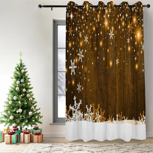 Miniatura 2 de Renaiss Cortinas opacas de Navidad con tablones de madera rústica para dormitorio, con ojales, estampado de copos de nieve navideños, cortinas