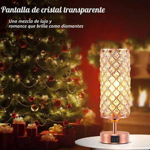 Miniatura 2 de Lámpara de mesa de cristal Hong-in - Control táctil regulable en 3 vías, lámpara de cabecera de oro rosa con puertos USB C y A, luz de mesita