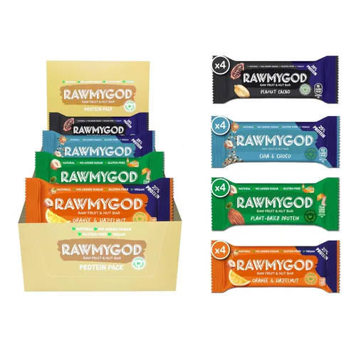 RAWMYGOD Barras de frutas y nueces, sin gluten, veganas, sin azúcar añadida (16 barras, paquete de proteínas, 4 naranja y avellana, 4 frutas y