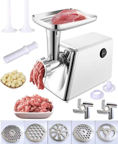 Picadora eléctrica de carne, potencia bloqueada máxima de 900 W con 5 placas de molienda y 2 tubos de salchicha, procesador de alimentos resistente
