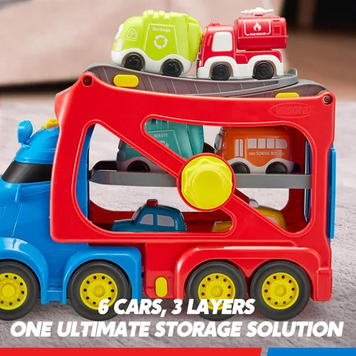 Miniatura 5 de Vroomix Camiones de Juguete Extra Grandes para Niños Pequeños, Camiones de Ciudad de 3 Niveles para Niños, Camión Transportador Grande 7 en 1