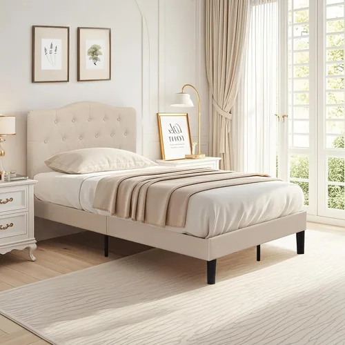 Miniatura 3 de VECELO Base de cama de plataforma de tamaño individual con cabecera tapizada de tela y soporte de listones de madera, no necesita somier/fácil