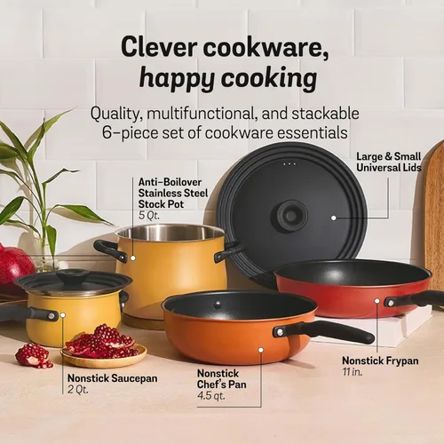 Miniatura 2 de Meyer Juego apilable de 6 piezas con tapas universales, ollas y sartenes anodizadas duras de acero inoxidable y antiadherentes, compatibles