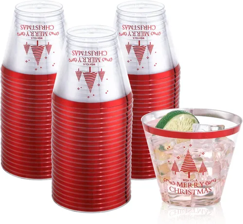 I00000 100 piezas de vasos de plástico rojos de Navidad, vasos desechables de Navidad, vasos de plástico de 9 onzas, vasos festivos de plástico,